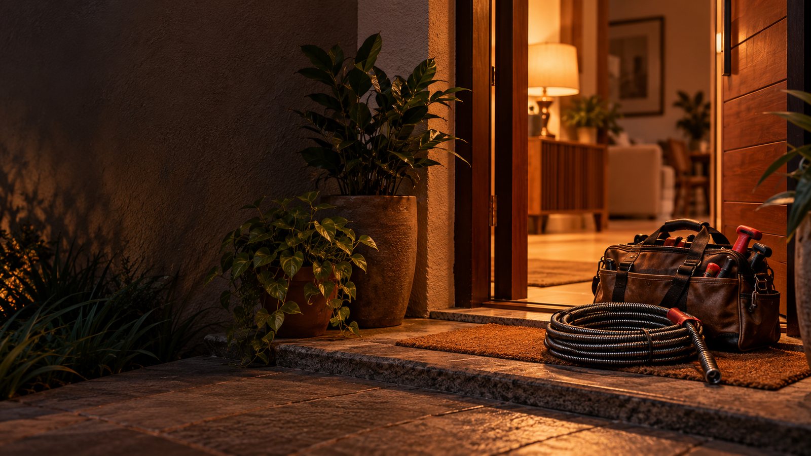 Bolsa de ferramentas e mangueira na porta de uma casa ao entardecer