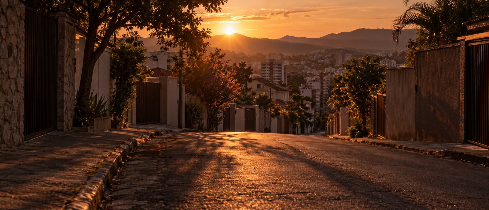 Rua de bairro de Belo Horizonte ao pôr do sol