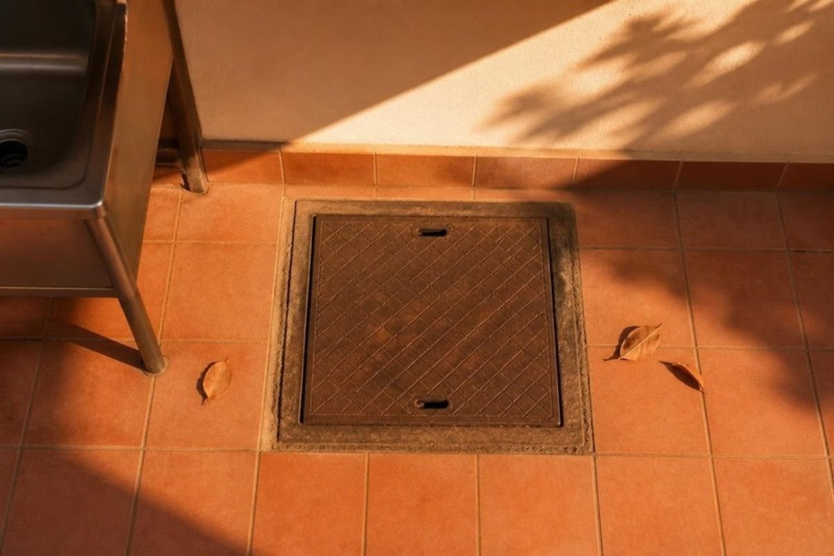 Tampa de ferro da caixa de gordura no piso de cerâmica do quintal, com luz de fim de tarde