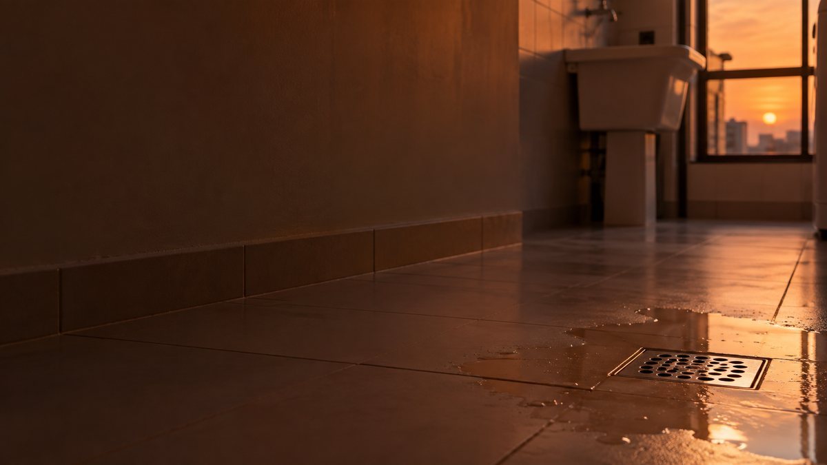 Área de serviço com ralo de inox no piso molhado e luz de fim de tarde