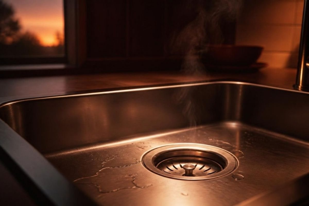 Cuba de inox da pia da cozinha com vapor subindo do ralo, ao entardecer
