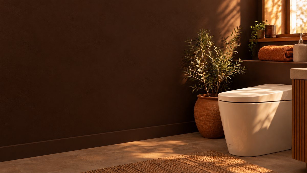 Banheiro calmo com vaso sanitário, planta e toalhas ao fim da tarde