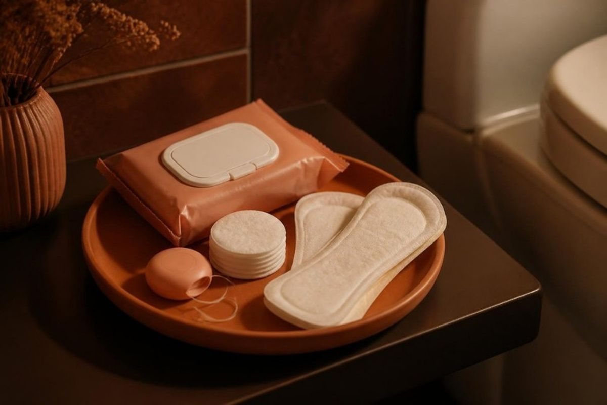 Lenço umedecido, absorvente, algodão e fio dental num prato ao lado do vaso sanitário: o que não vai no vaso