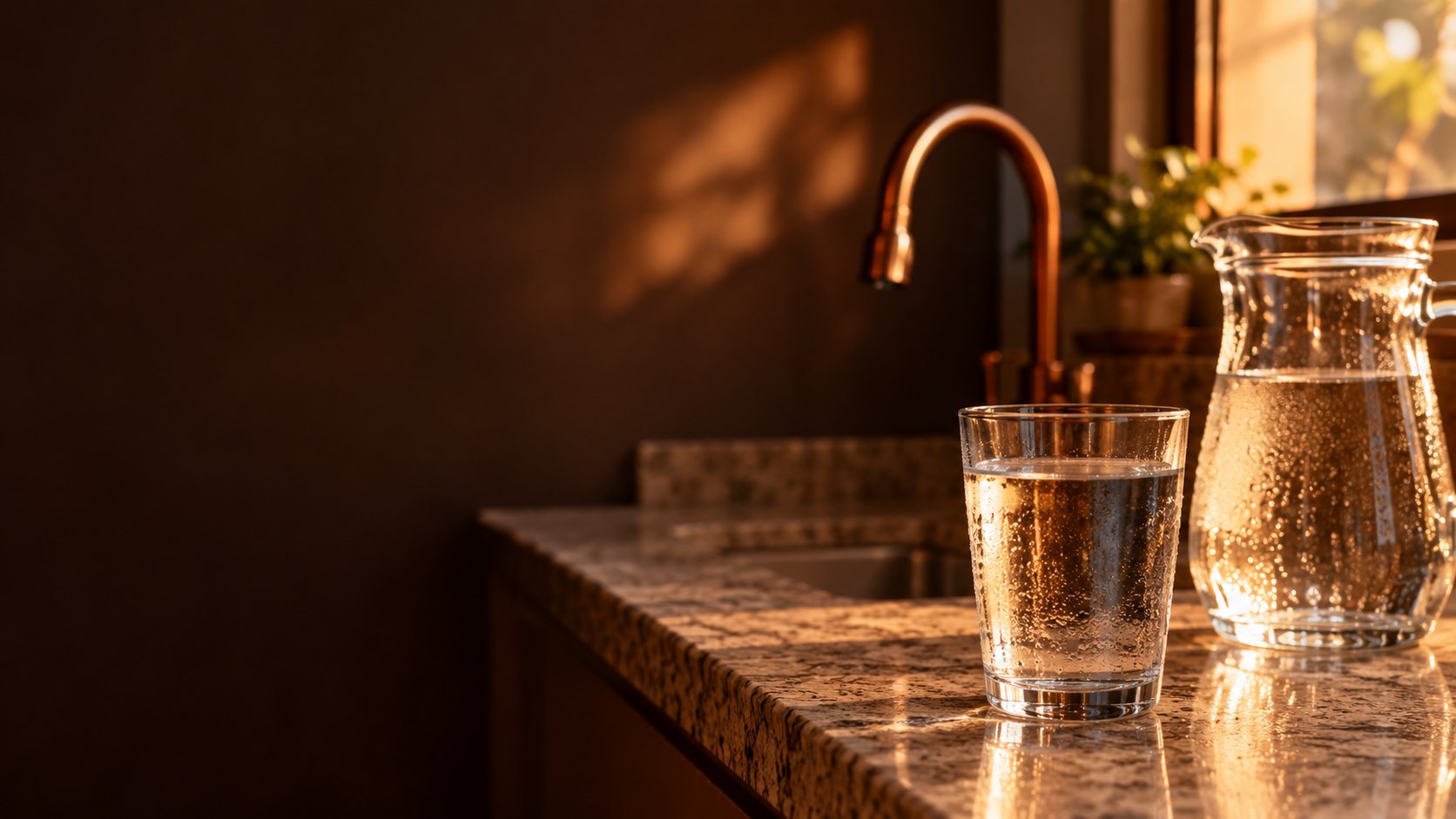 Copo e jarra de vidro com água cristalina na bancada da cozinha, na luz dourada da tarde
