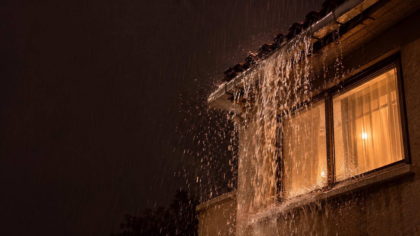Chuva forte transbordando da calha de um sobrado à noite, diante de uma janela iluminada