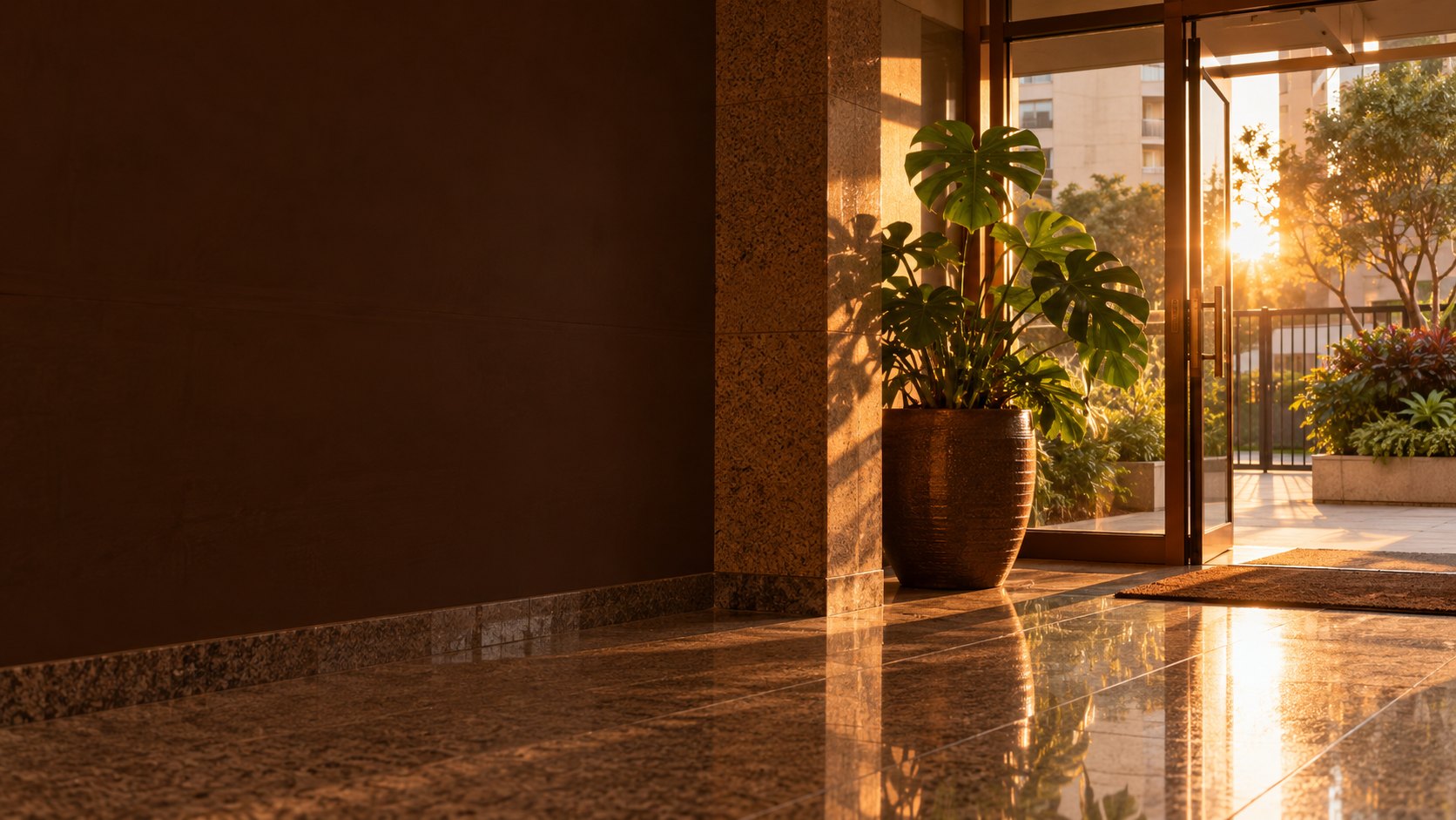 Hall de entrada de prédio limpo, com piso de granito brilhando na luz do fim de tarde