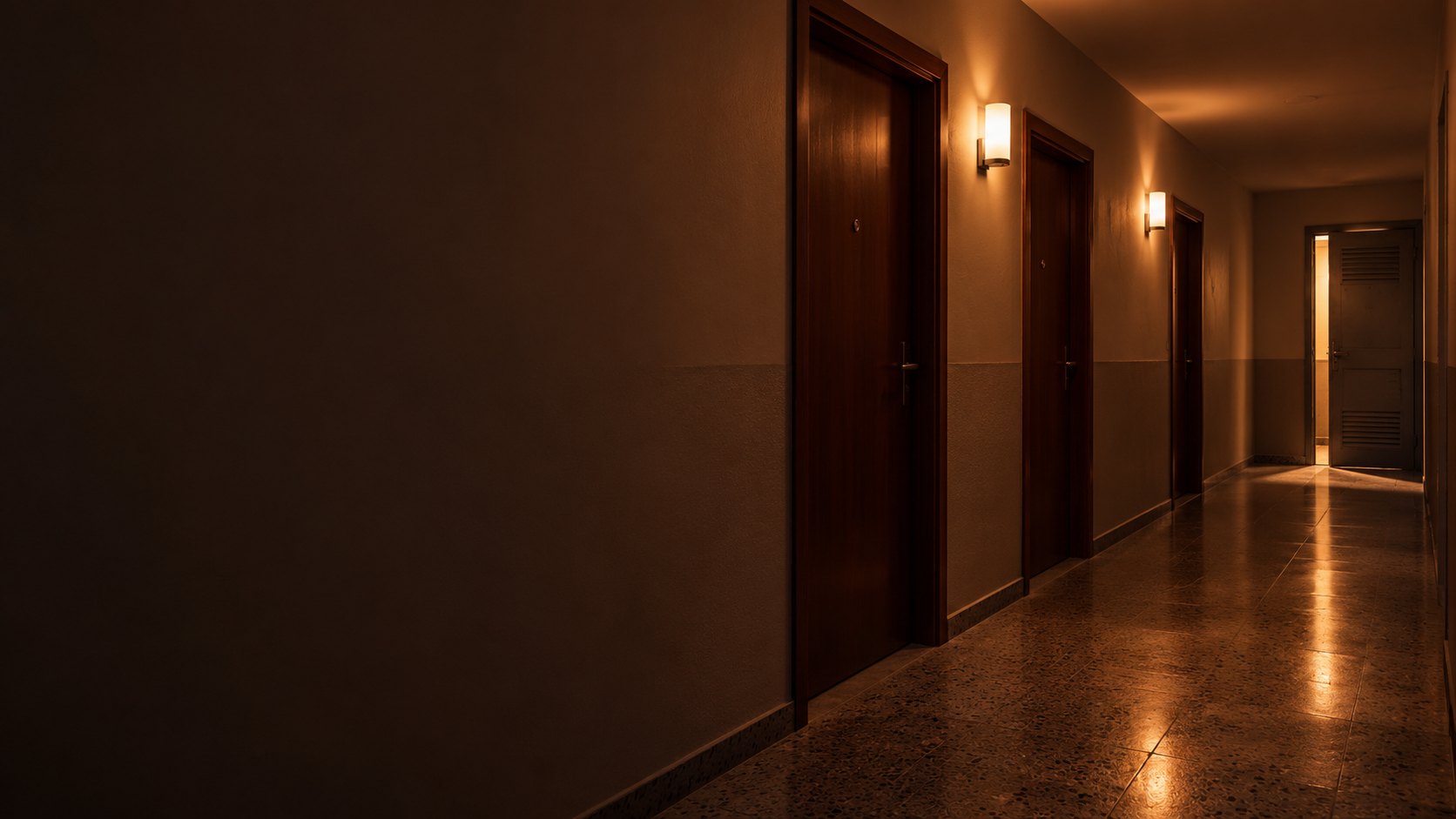 Corredor de prédio residencial à noite, com a porta da área técnica entreaberta ao fundo