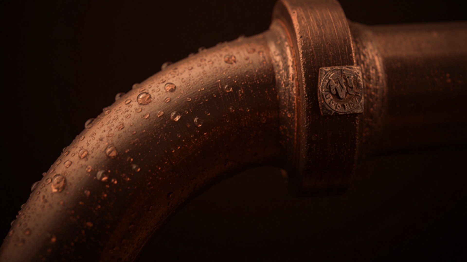 Cano de cobre com gotas de água, em luz quente