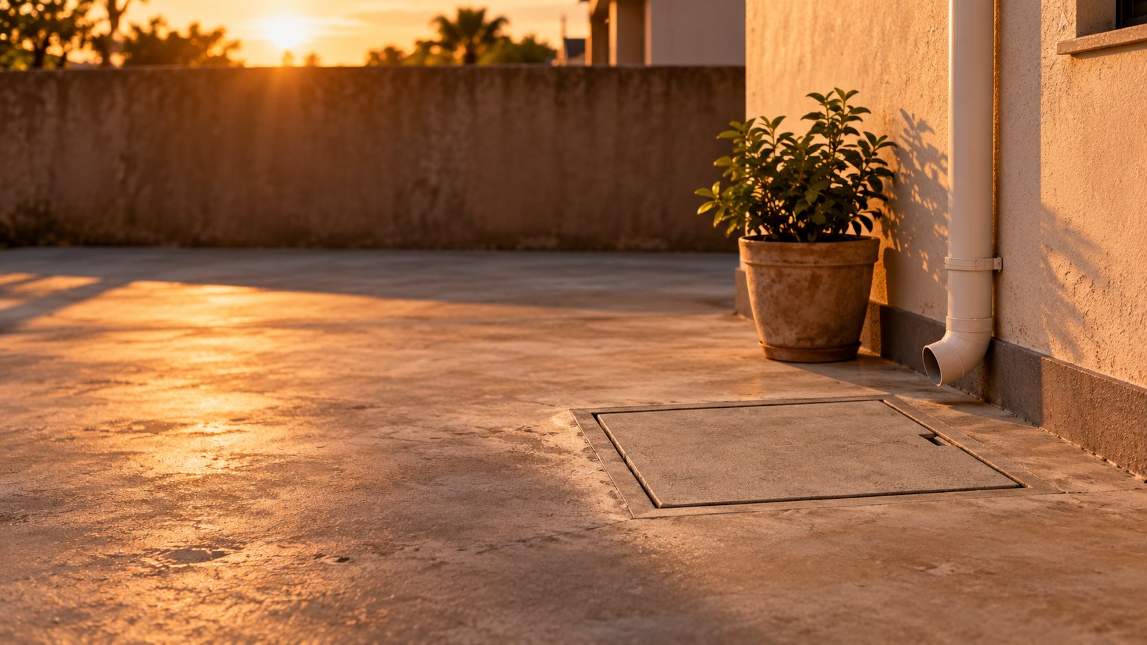 Quintal ao pôr do sol com a caixa de inspeção fechada, um vaso de planta e o cano da calha