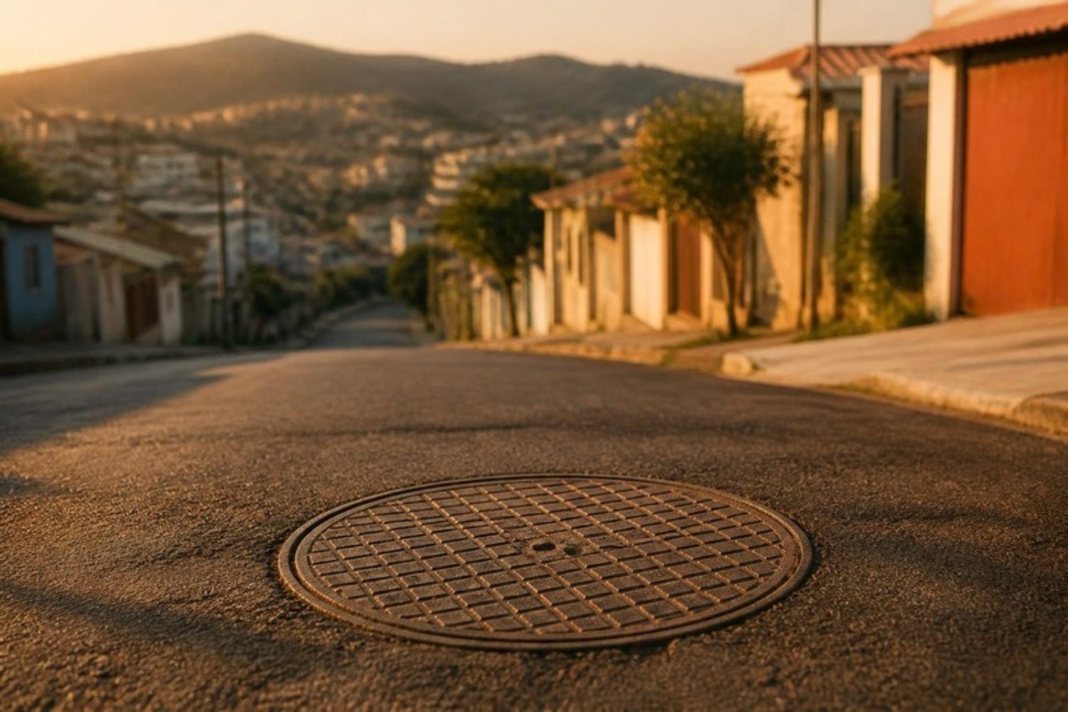 Tampa de poço de visita da rede de esgoto numa rua de Belo Horizonte