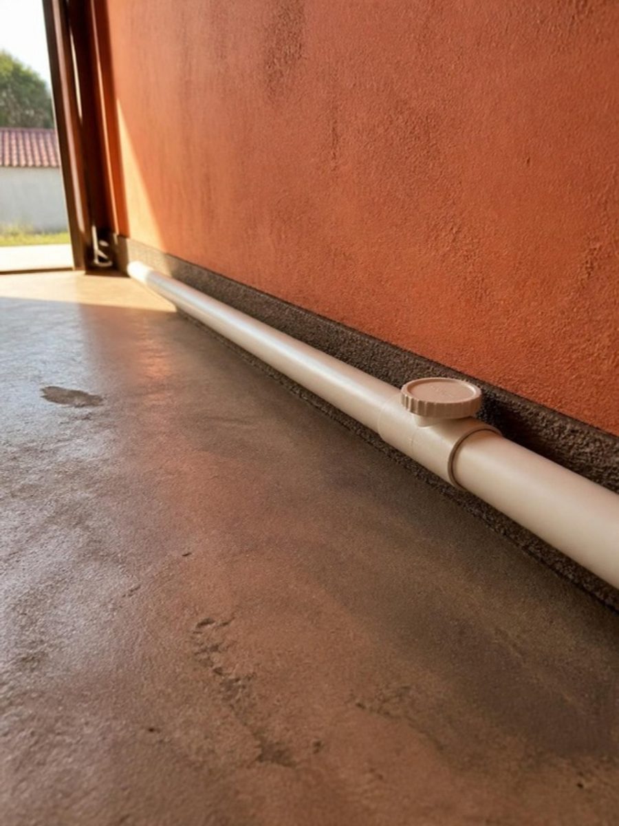 Cano de esgoto de PVC com tampa de inspeção junto à parede da garagem