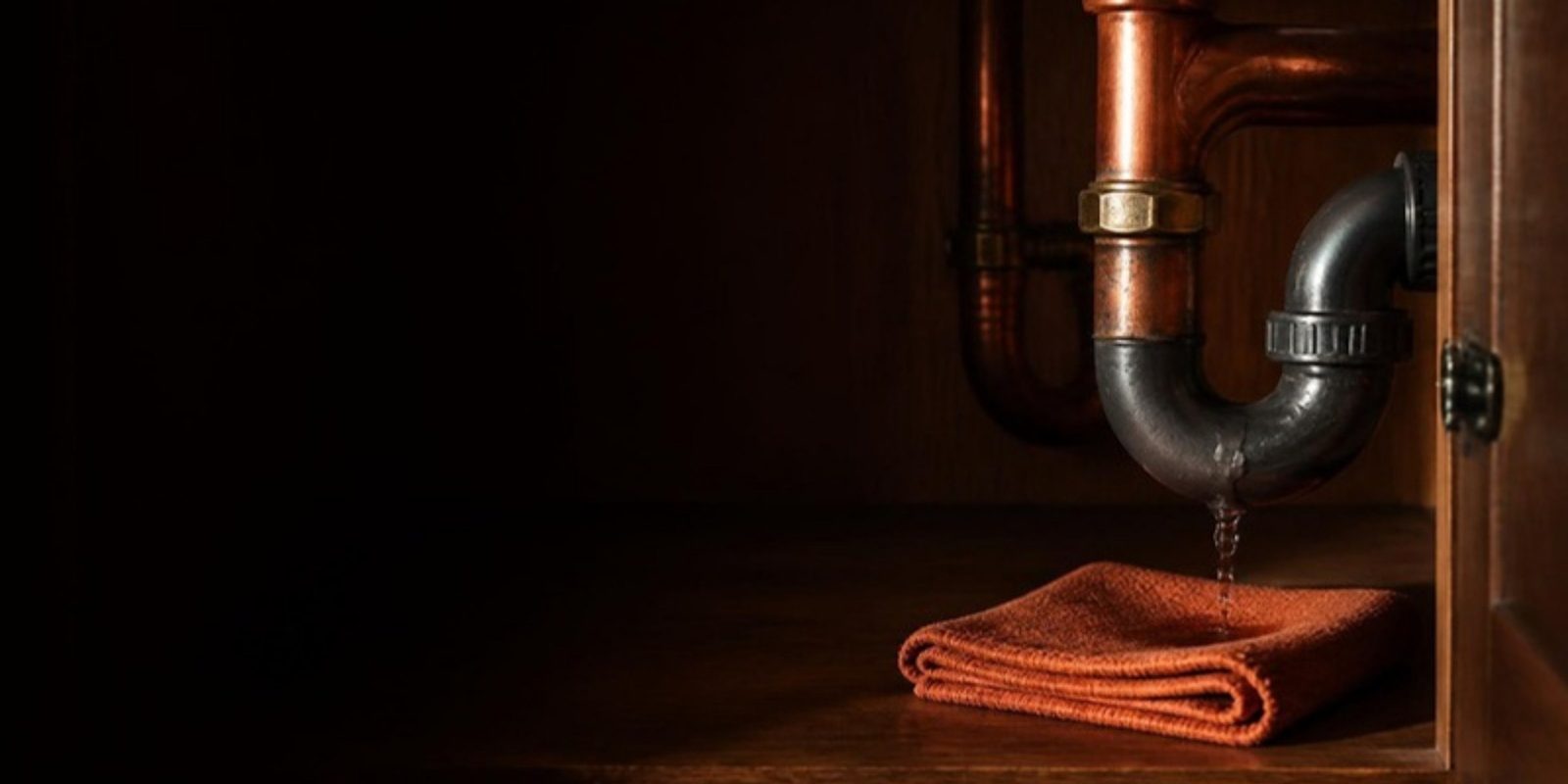 Sifão de cobre embaixo da pia, com um pano protegendo o chão do armário