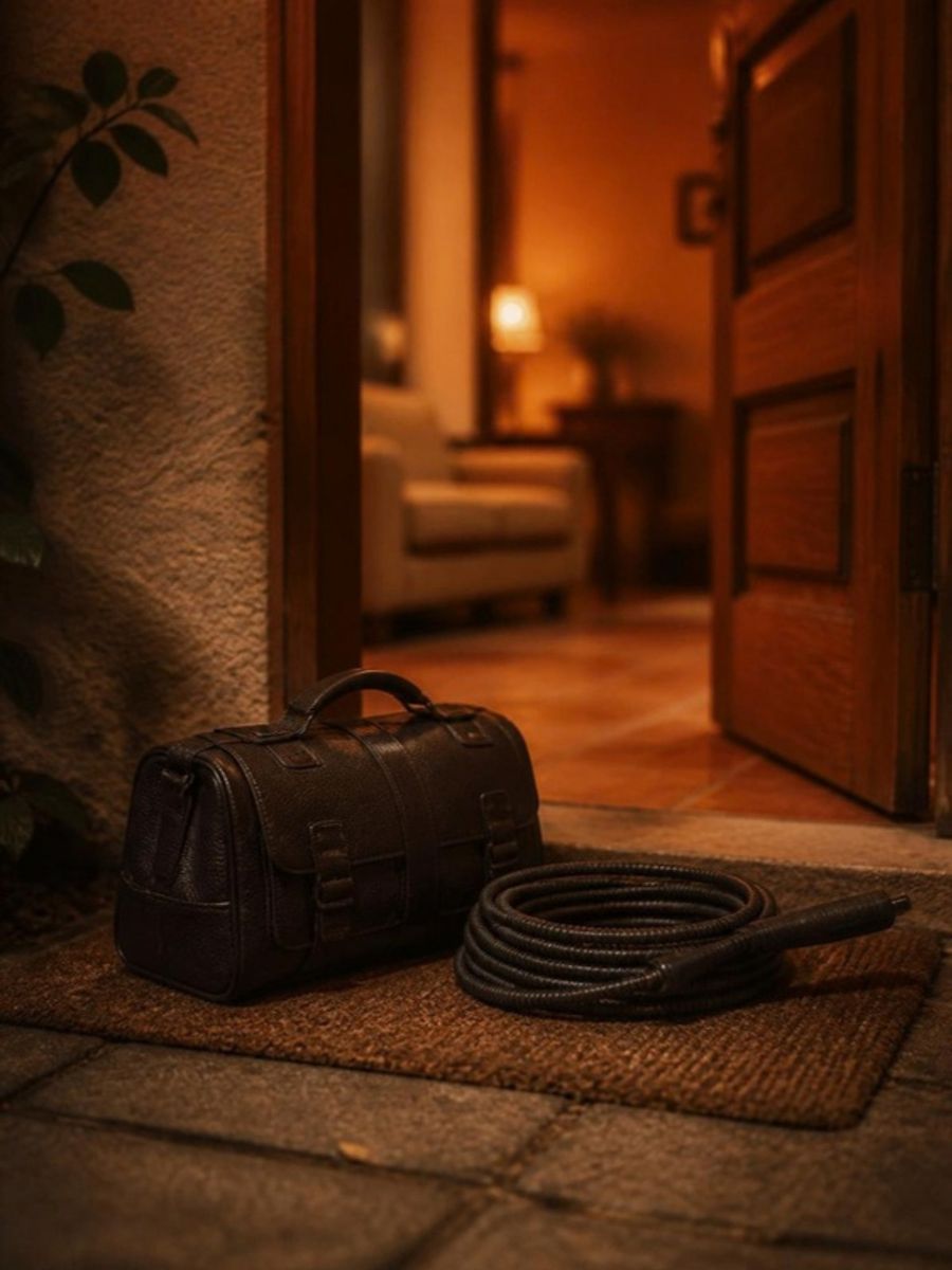 Bolsa de ferramentas na porta de uma casa, ao anoitecer