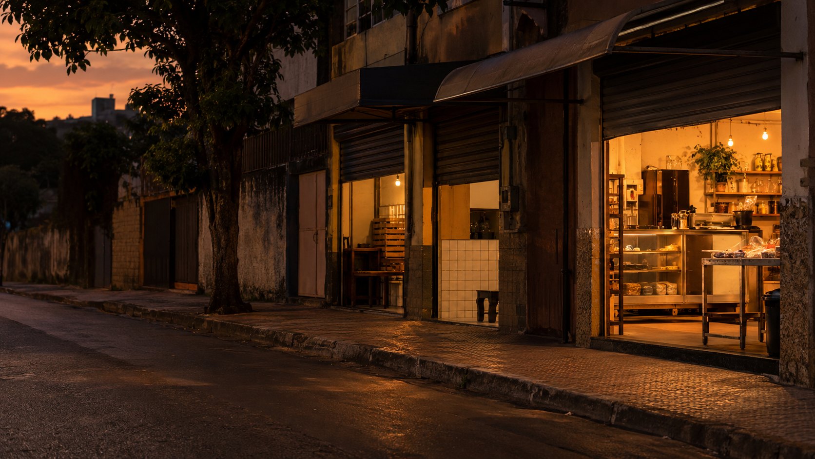 Rua de comércio de bairro em Belo Horizonte ao anoitecer, com lojas iluminadas
