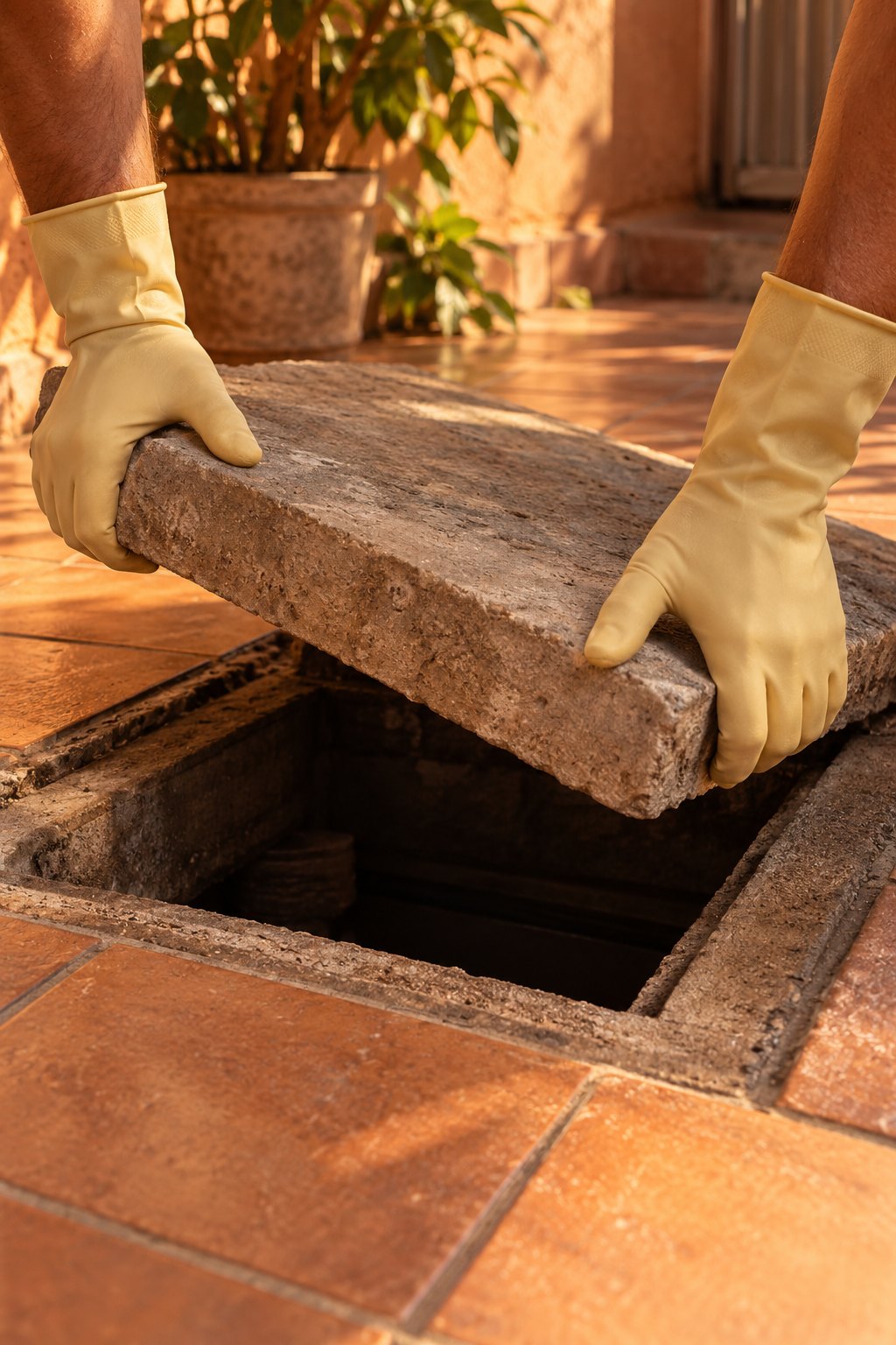 Mãos com luvas levantando a tampa de concreto de uma caixa de gordura no piso do quintal