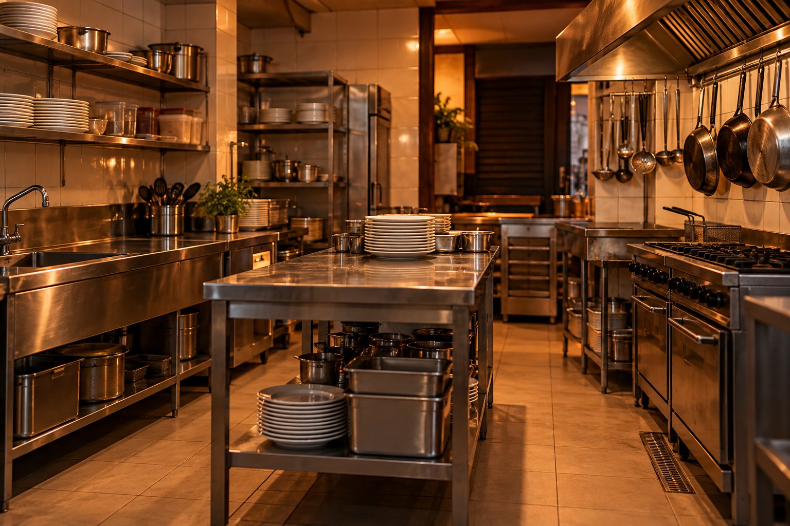 Cozinha de um restaurante pequeno fechada no fim do dia, com bancadas de inox e panelas penduradas