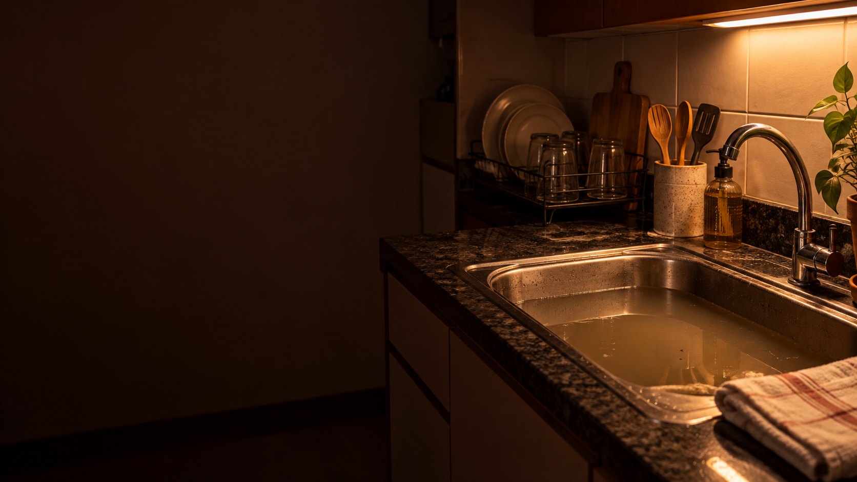 Cozinha escura com a luz sob o armário acesa sobre uma pia com água parada
