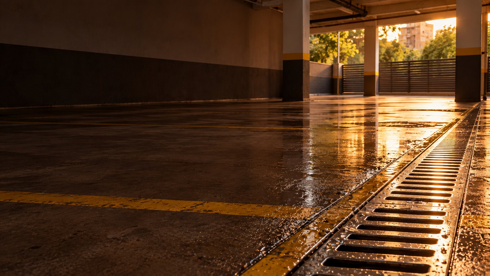 Garagem de condomínio com o piso recém-lavado brilhando na luz do fim de tarde