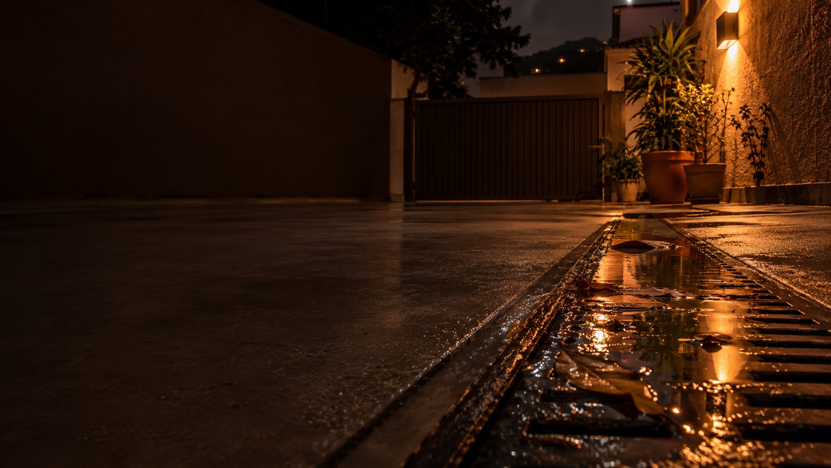Canaleta de garagem com água parada sobre a grelha, refletindo a luz à noite