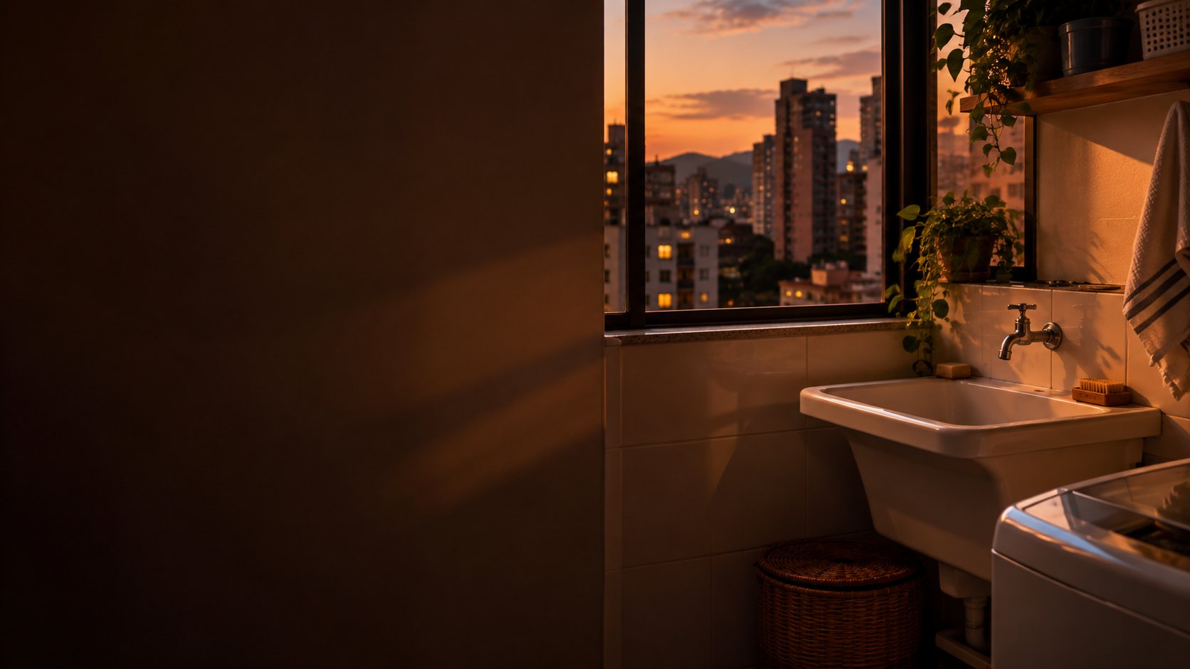 Área de serviço de apartamento com tanque e janela para os prédios vizinhos ao anoitecer