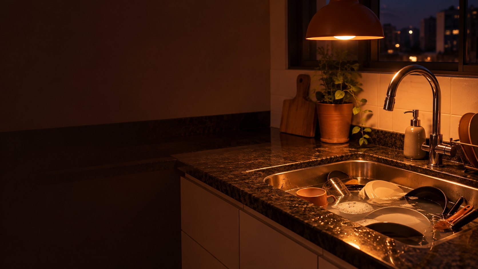 Pia de cozinha à noite com a louça dentro da cuba cheia de água