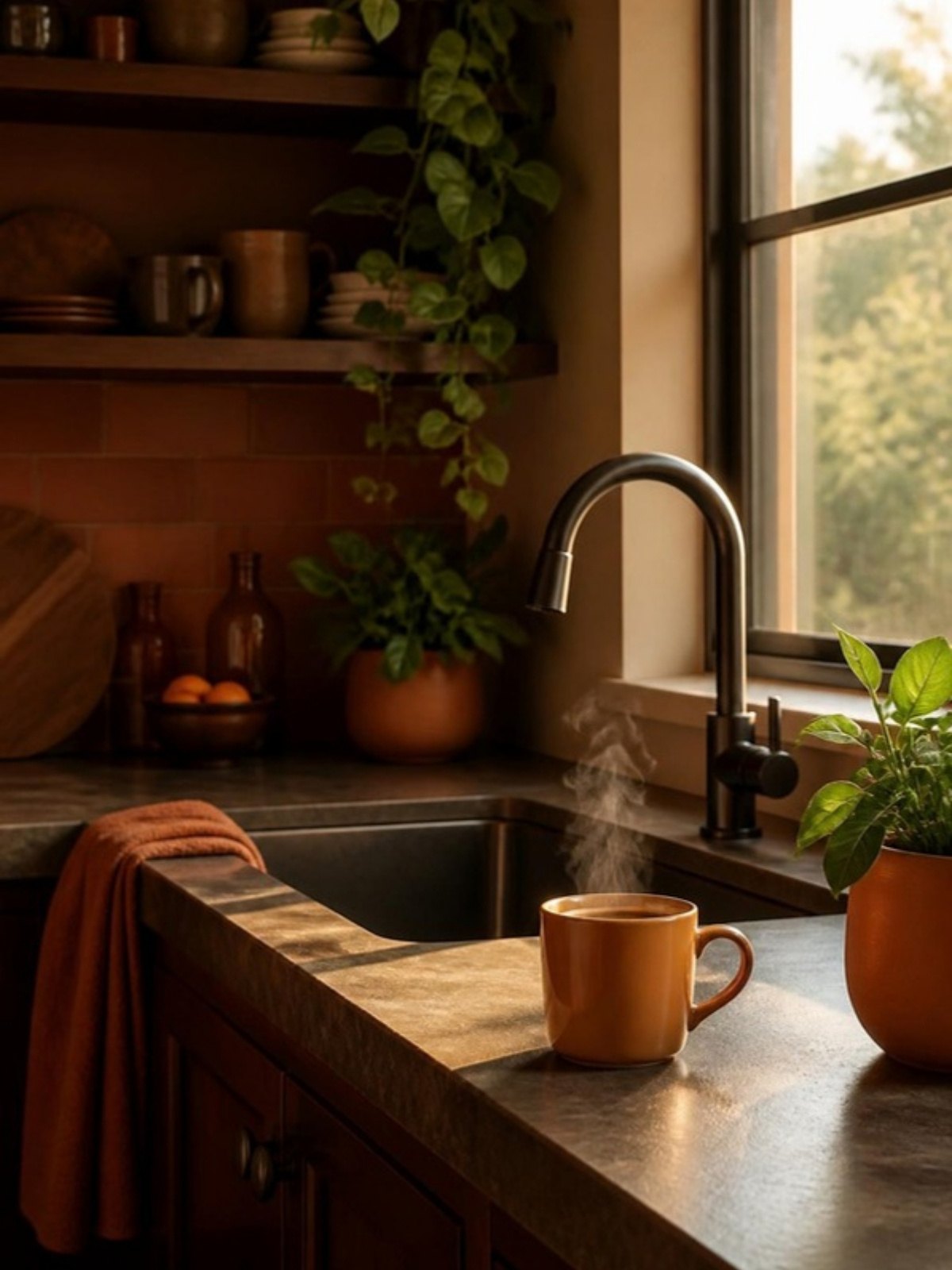 Cozinha tranquila com café na bancada, depois do problema resolvido