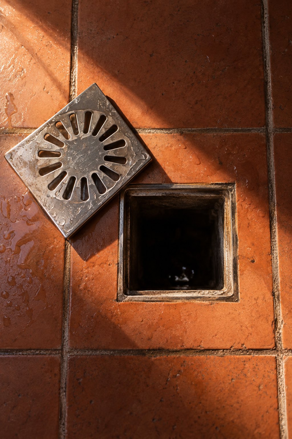 Ralo quadrado aberto no piso de cerâmica, com a grelha de inox retirada ao lado