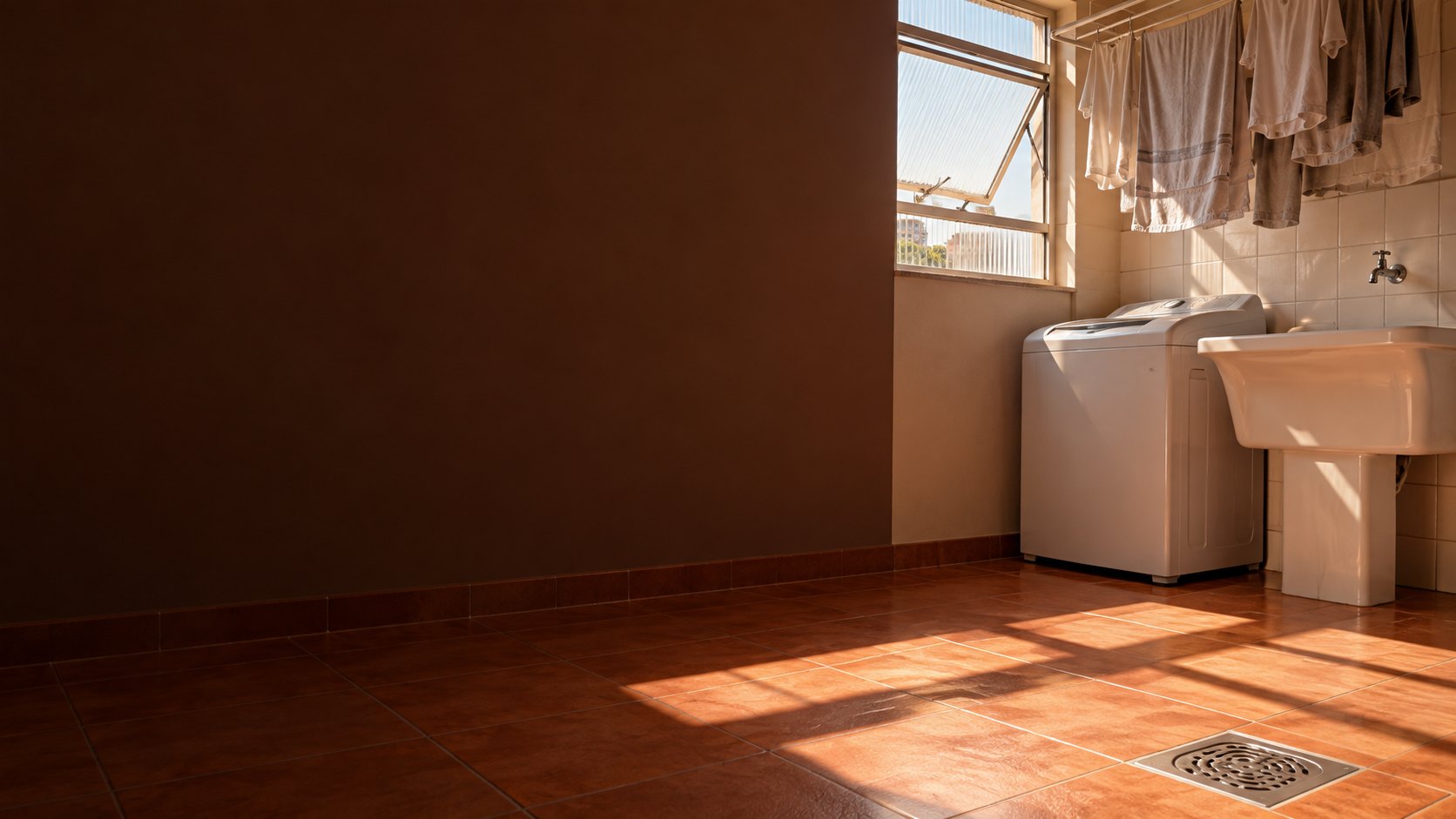 Área de serviço ensolarada com tanque, máquina de lavar, roupas no varal e o piso seco