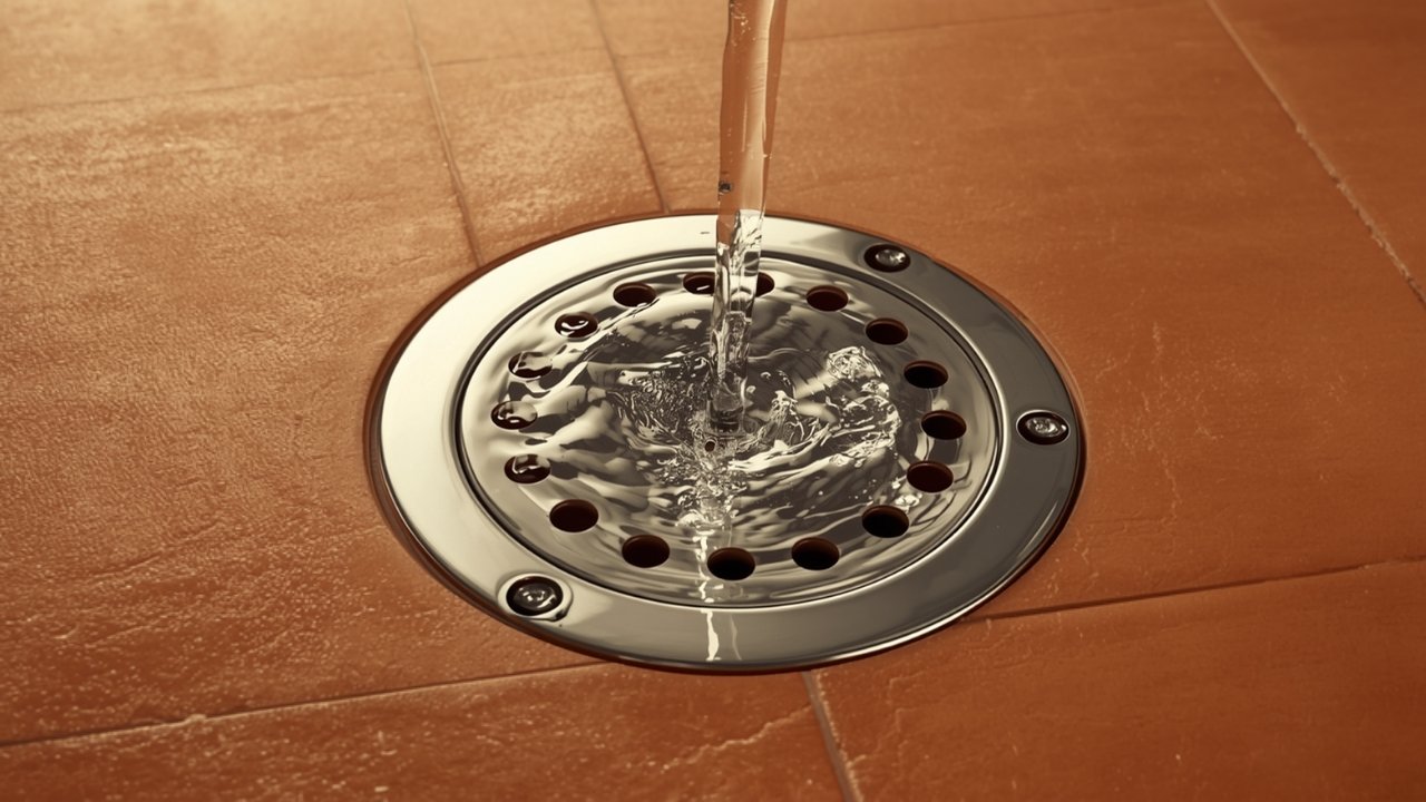 Água escoando por ralo de inox em piso terracota