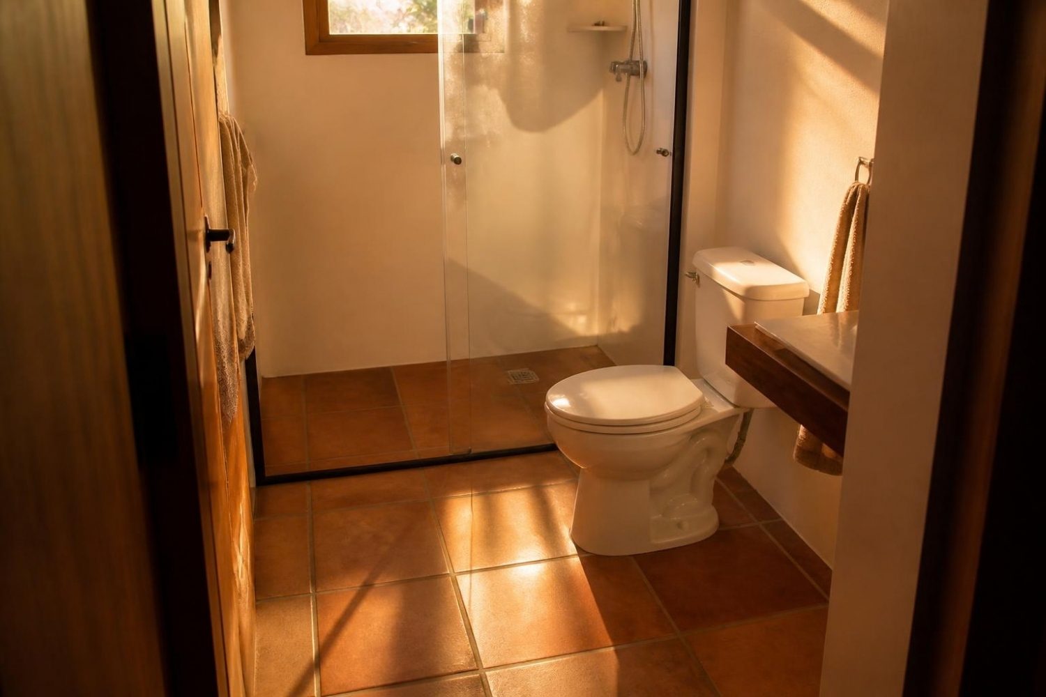 Banheiro visto da porta, com o box, o ralo e o vaso sanitário sob a luz do fim de tarde