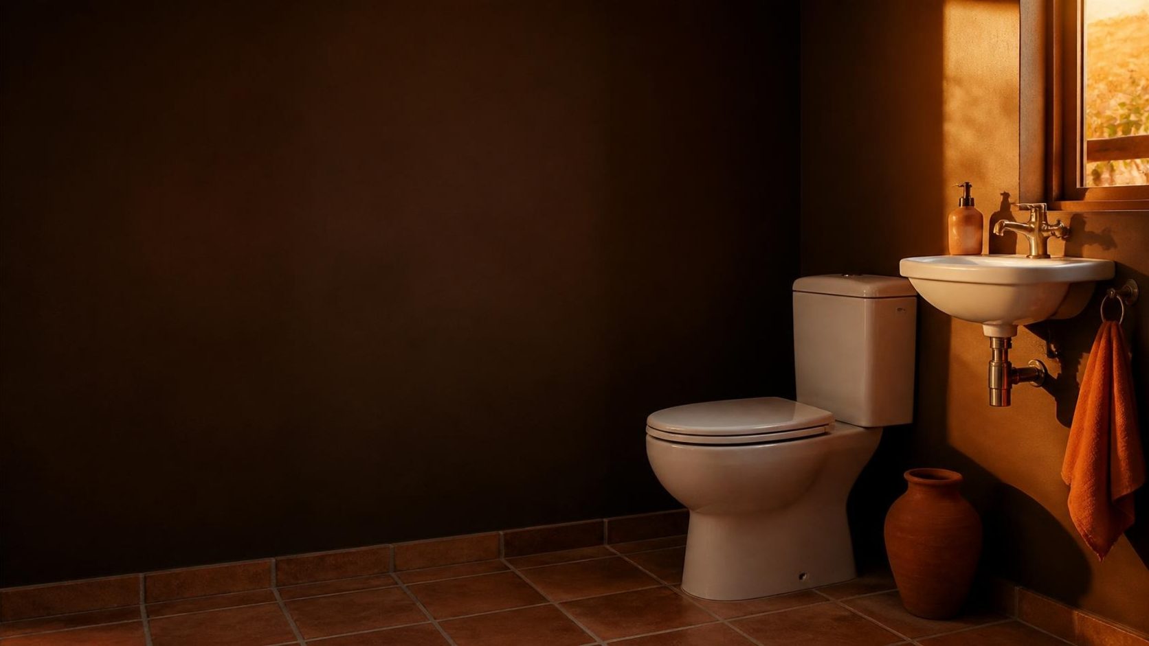 Lavabo com vaso sanitário e pia pequena ao entardecer