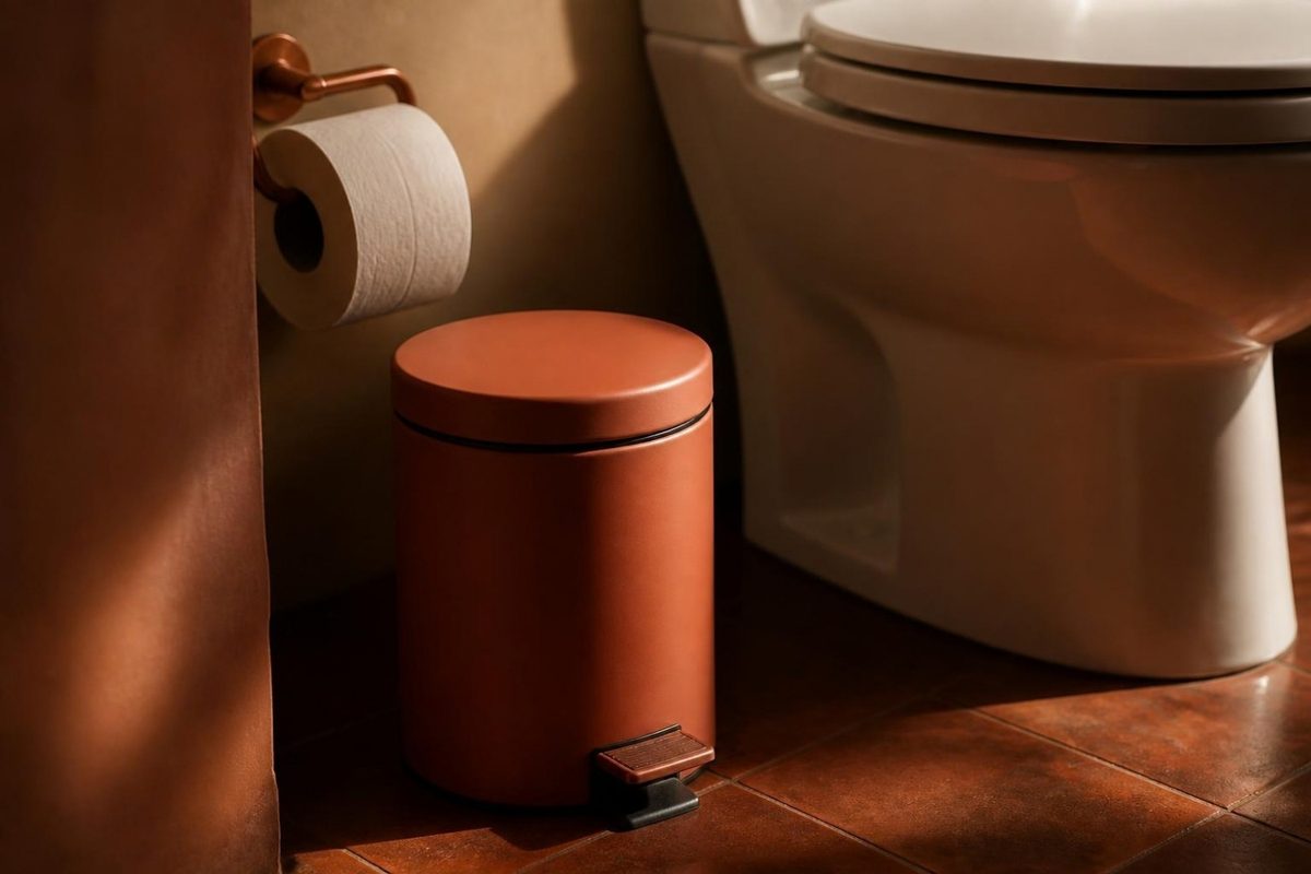 Lixeira de pedal com tampa ao lado do vaso sanitário, com o papel higiênico no suporte