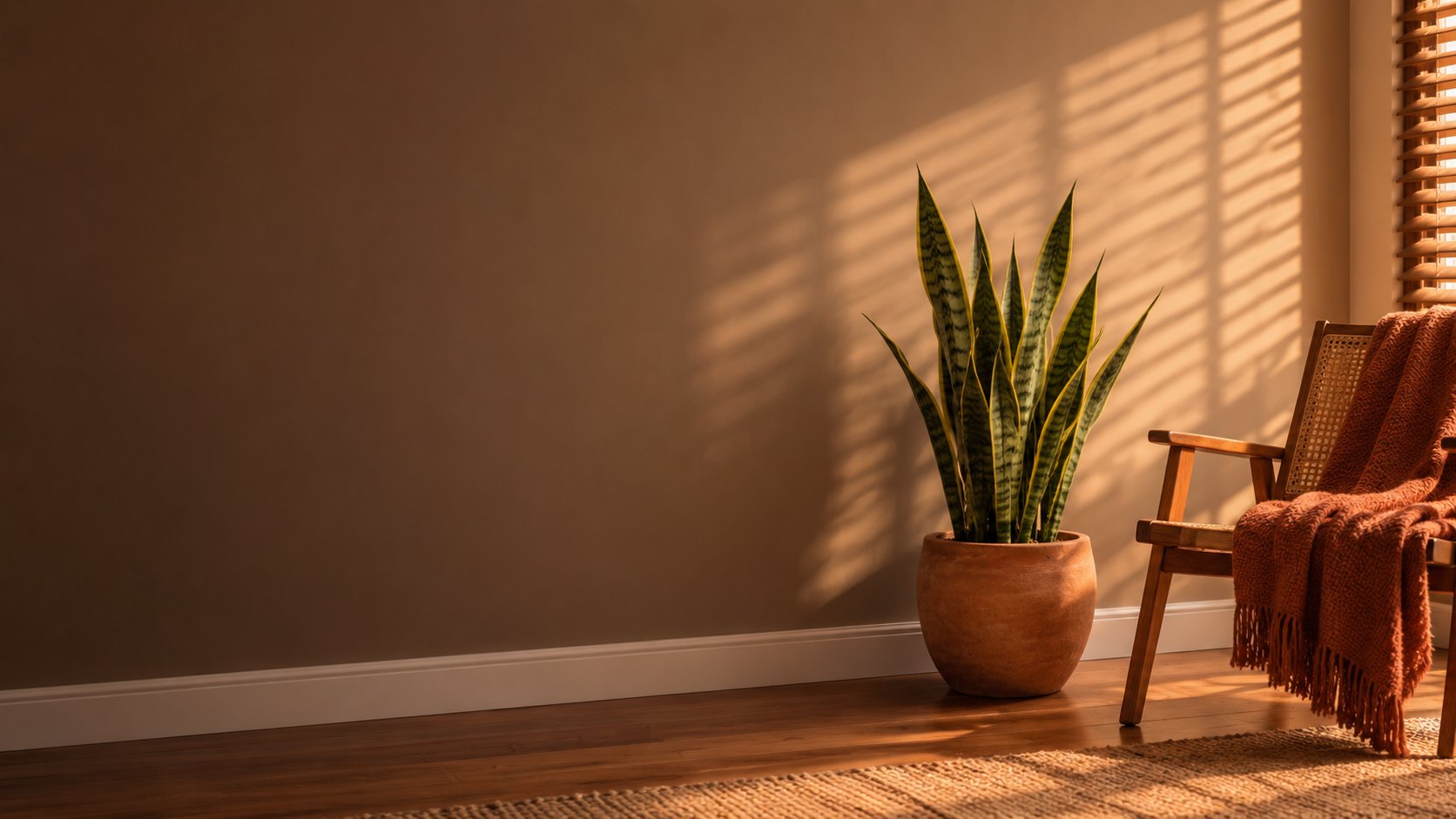 Sala com parede lisa recém-pintada, vaso com espada-de-são-jorge e luz da tarde