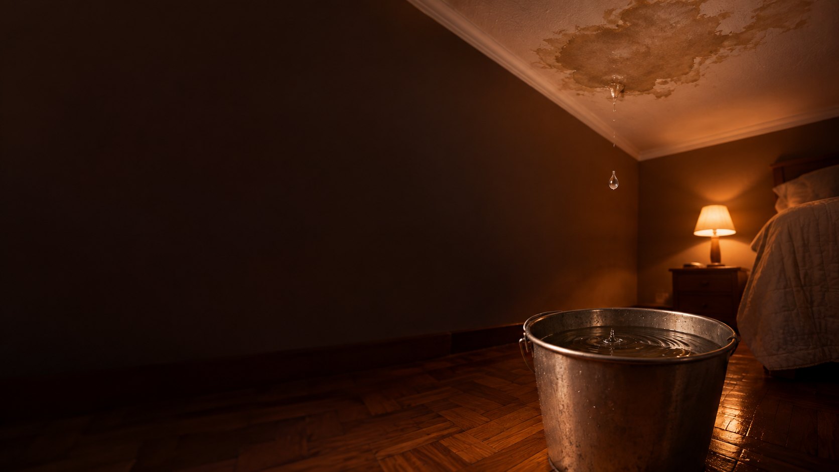Quarto à noite com mancha de infiltração no teto e uma gota caindo num balde
